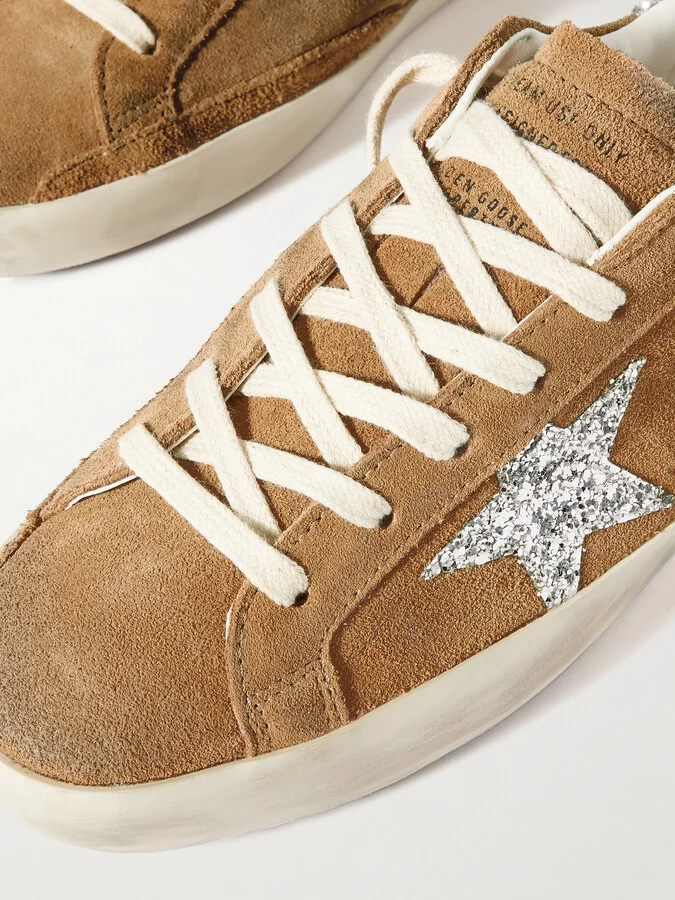 Golden Goose - Super-star Distressed Glittered Leather-trimmed Suede Sneakers - Brown - Image 4