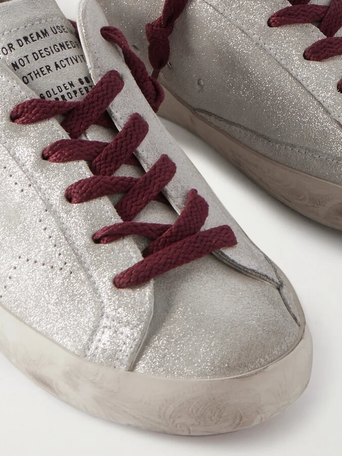 Golden Goose - Super-star Distressed Leather-trimmed Metallic Suede Sneakers - White - Image 4