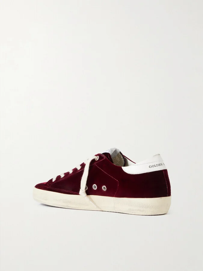 Golden Goose - Super-star Distressed Leather-trimmed Velvet Sneakers - Burgundy - Image 3