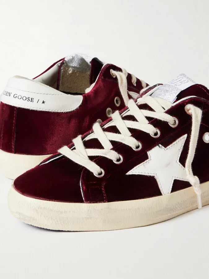 Golden Goose - Super-star Distressed Leather-trimmed Velvet Sneakers - Burgundy - Image 4