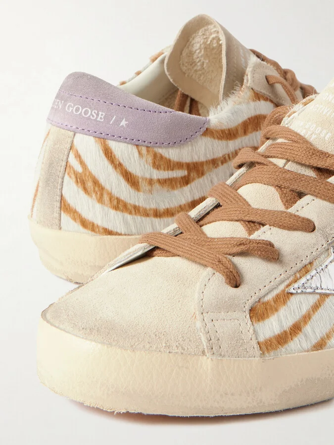 Golden Goose - Super-star Distressed Metallic Leather And Suede-trimmed Zebra-print Calf Hair Sneakers - Animal print - Image 4