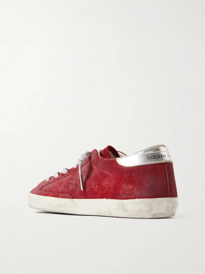 Golden Goose - Super-star Distressed Metallic Leather-trimmed Suede Sneakers - Red - Image 3