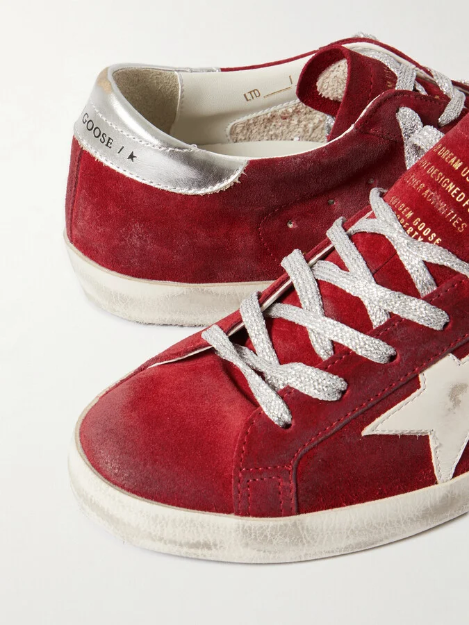 Golden Goose - Super-star Distressed Metallic Leather-trimmed Suede Sneakers - Red - Image 4