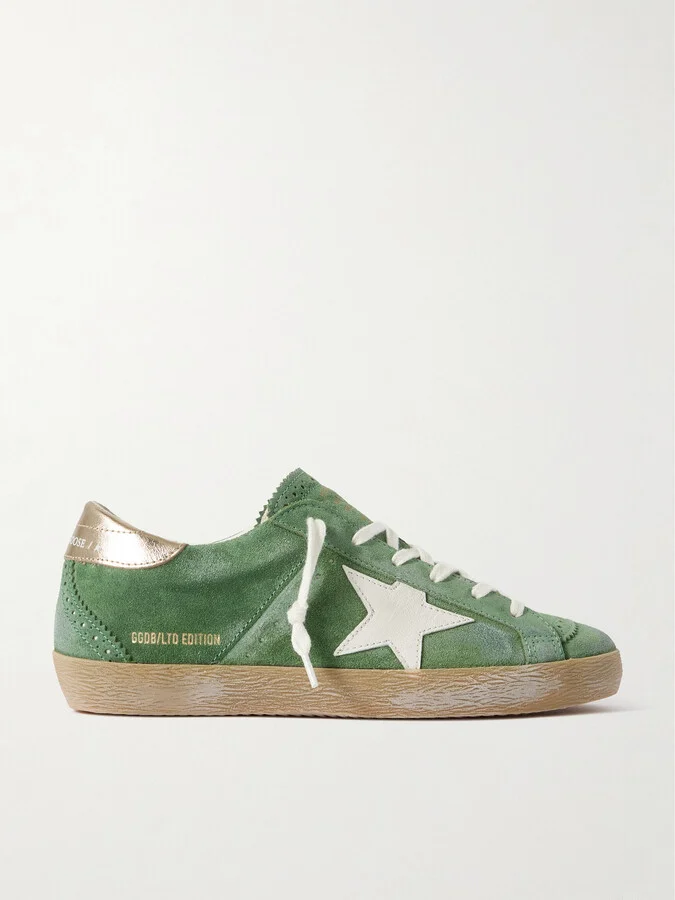 Golden Goose - Super-star Distressed Suede And Metallic Leather Sneakers - Green