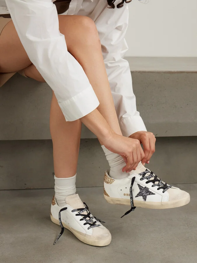 Golden Goose - Super-star Distressed Suede-trimmed Glittered Leather Sneakers - White - Image 2
