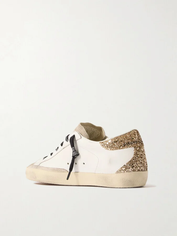Golden Goose - Super-star Distressed Suede-trimmed Glittered Leather Sneakers - White - Image 3