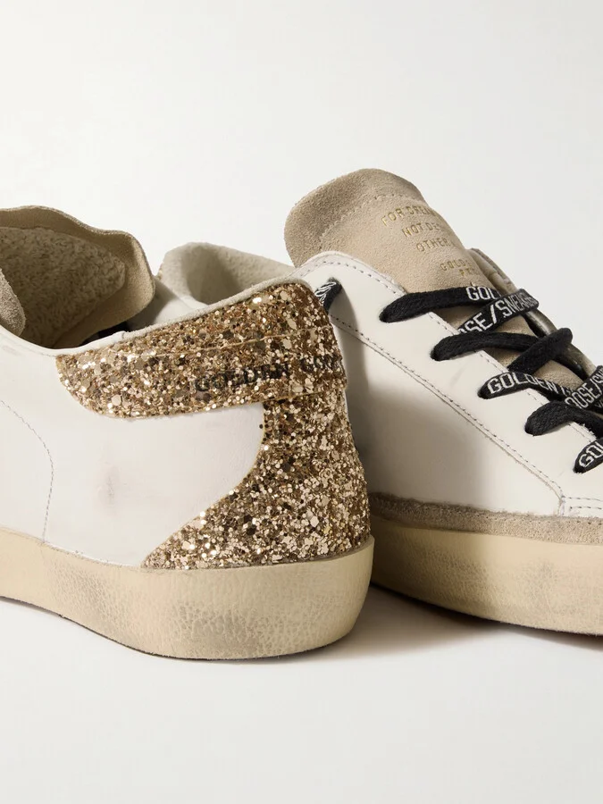 Golden Goose - Super-star Distressed Suede-trimmed Glittered Leather Sneakers - White - Image 4
