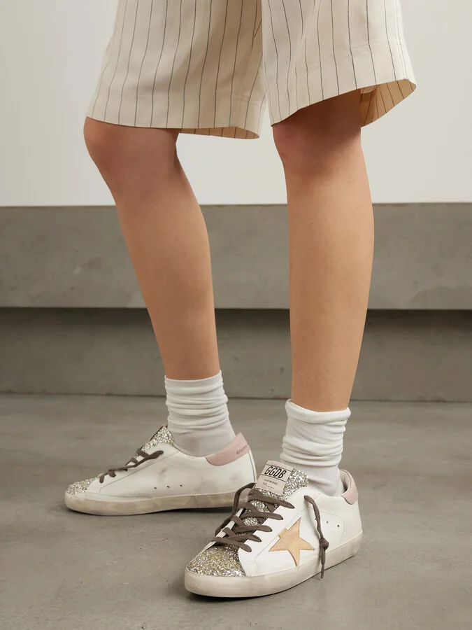 Golden Goose - Super-star Distressed Suede-trimmed Glittered Leather Sneakers - White - Image 2