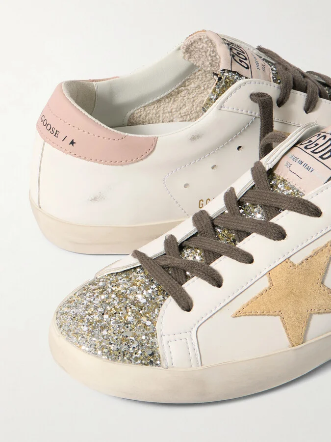 Golden Goose - Super-star Distressed Suede-trimmed Glittered Leather Sneakers - White - Image 4