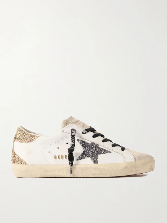 Golden Goose - Super-star Distressed Suede-trimmed Glittered Leather Sneakers - White