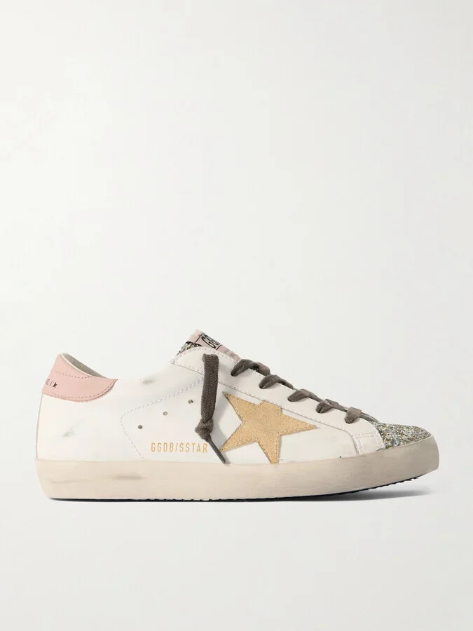 Golden Goose - Super-star Distressed Suede-trimmed Glittered Leather Sneakers - White