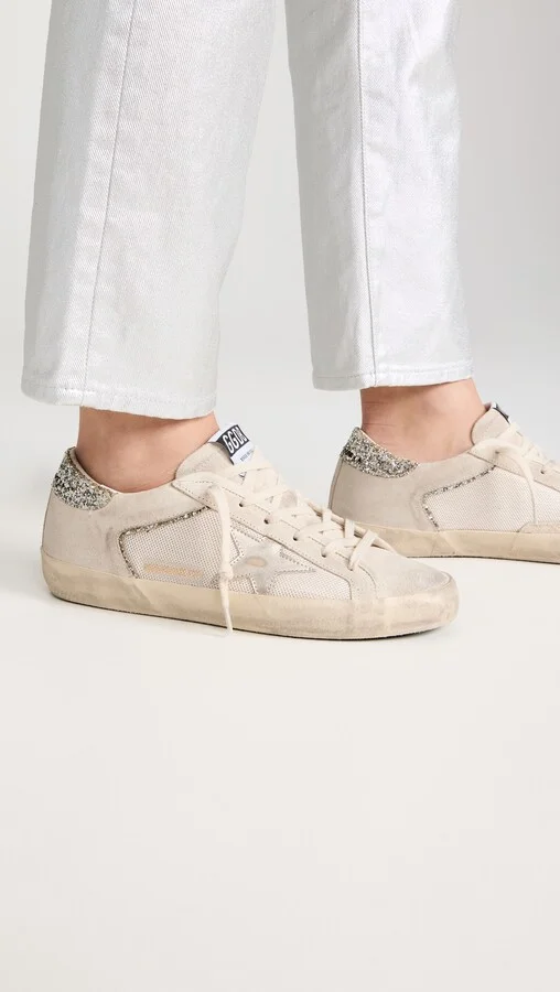 Golden Goose Super-Star Double Quarter with List Net and Suede Upper Laminated Star Glitter Heel Sneakers - Image 4