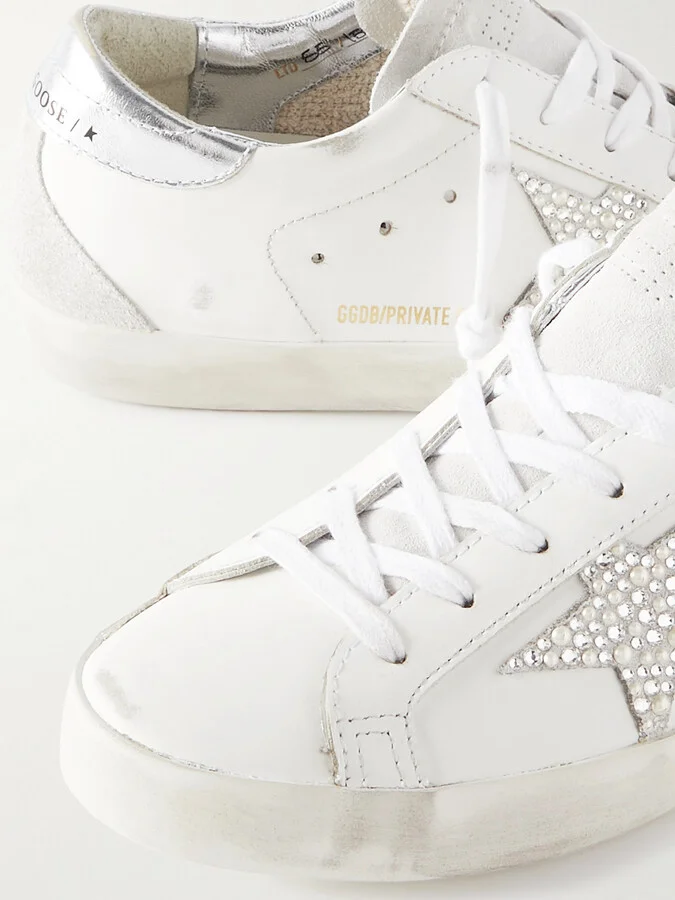 Golden Goose - Super-star Embellished Distressed Suede-trimmed Leather Sneakers - White - Image 4