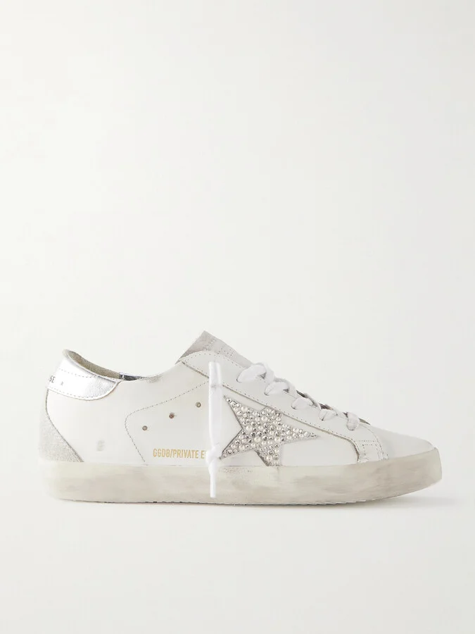 Golden Goose - Super-star Embellished Distressed Suede-trimmed Leather Sneakers - White