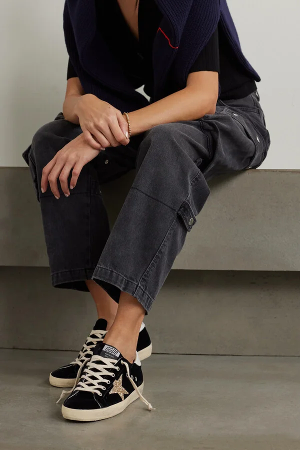 Golden Goose - Super-star Eyelet-embellished Distressed Glittered Leather And Velvet Sneakers - Black - Image 2