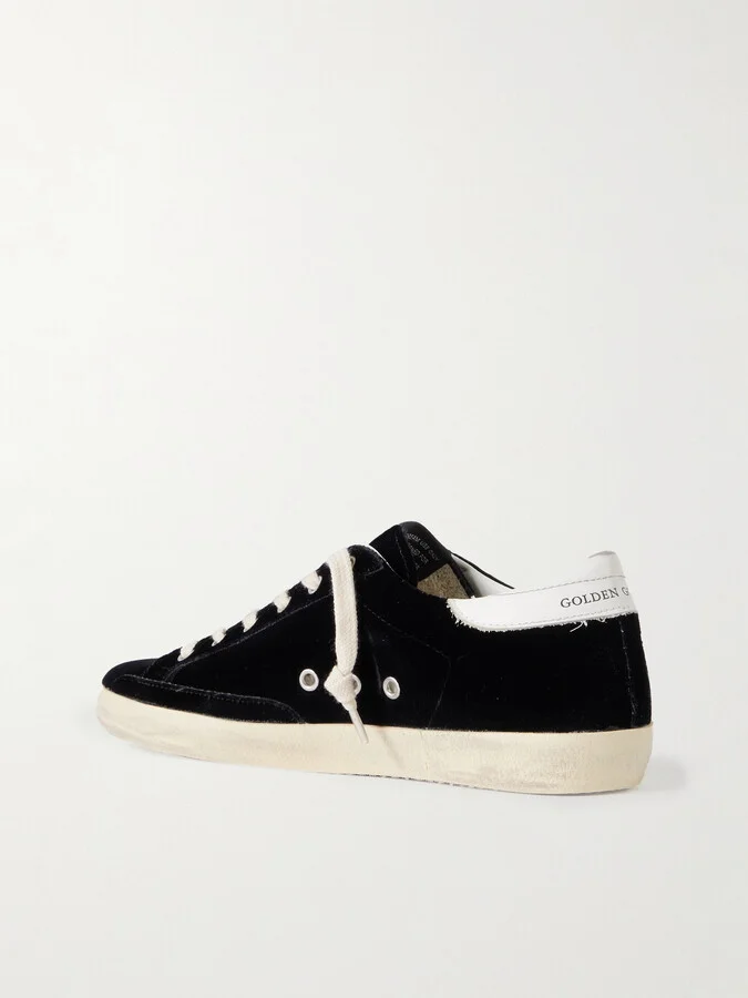 Golden Goose - Super-star Eyelet-embellished Distressed Glittered Leather And Velvet Sneakers - Black - Image 3