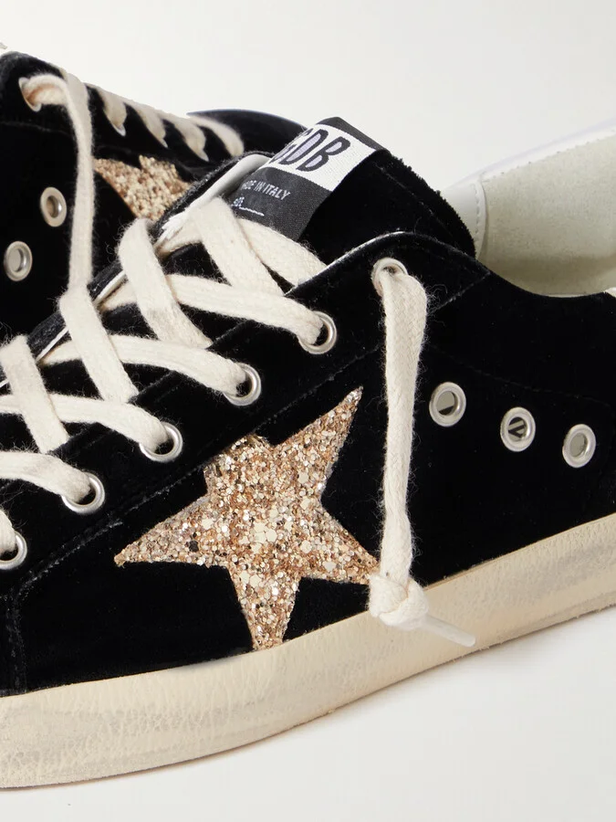 Golden Goose - Super-star Eyelet-embellished Distressed Glittered Leather And Velvet Sneakers - Black - Image 4