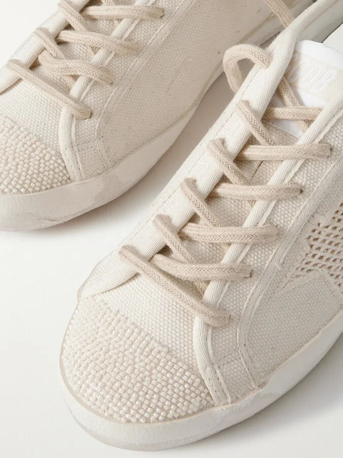 Golden Goose - Super-star Leather-trimmed Bead-embellished Canvas Sneakers - Off-white - Image 4