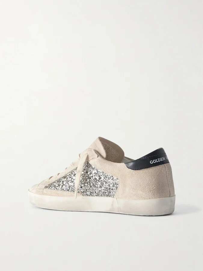 Golden Goose - Super-star Leather-trimmed Distressed Glittered Suede Sneakers - Silver - Image 3