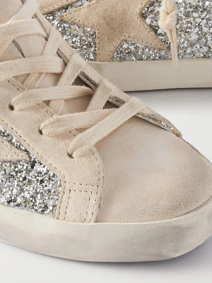 Golden Goose - Super-star Leather-trimmed Distressed Glittered Suede Sneakers - Silver - Image 4