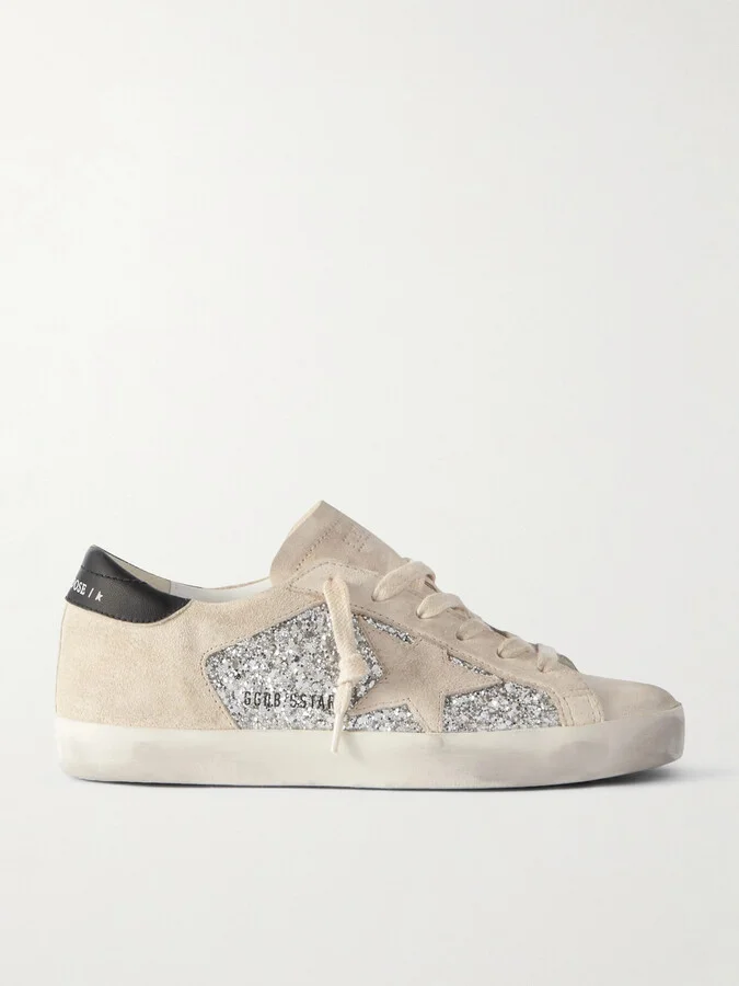 Golden Goose - Super-star Leather-trimmed Distressed Glittered Suede Sneakers - Silver