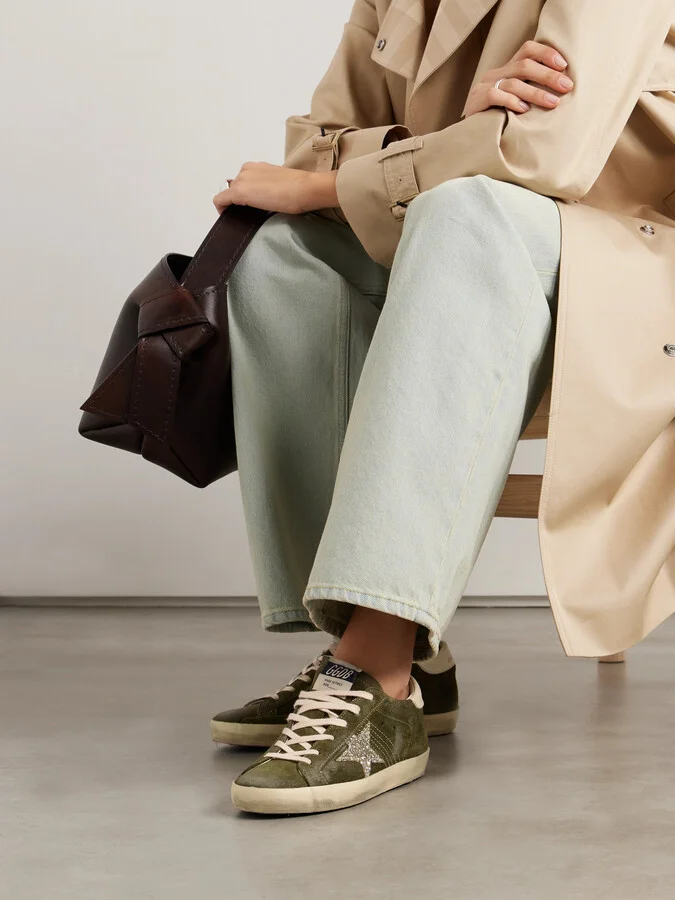 Golden Goose - Super-star Leather-trimmed Glittered Distressed Suede Sneakers - Green - Image 2
