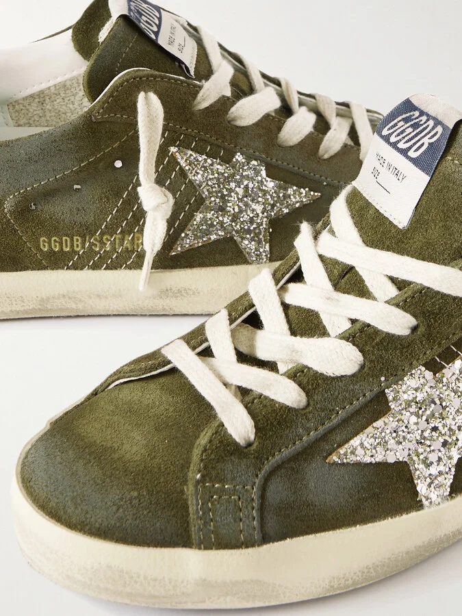 Golden Goose - Super-star Leather-trimmed Glittered Distressed Suede Sneakers - Green - Image 4