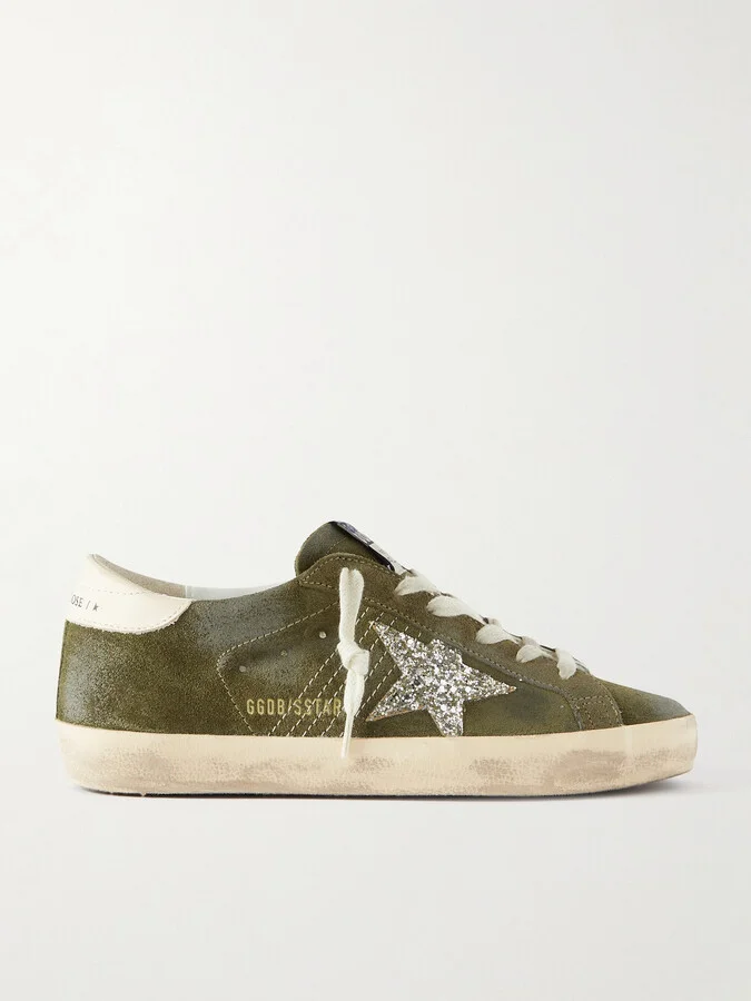 Golden Goose - Super-star Leather-trimmed Glittered Distressed Suede Sneakers - Green