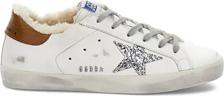 Golden Goose "Super Star" Leather Upper Glitter Star Tejus Print Leather Heel Shearling Lining Metal Lettering Shoes
