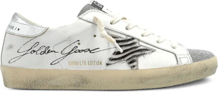 Golden Goose "Super Star" Leather Upper With Signature Crystal Toe And Tongue Zebra Horsy Star Laminated Heel Shoes