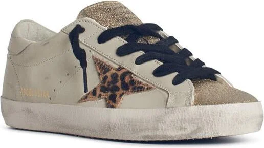 Golden Goose 'Super-Star' Light Beige Leather Blend Sneakers With Leopard Pony Hair Star - Image 2