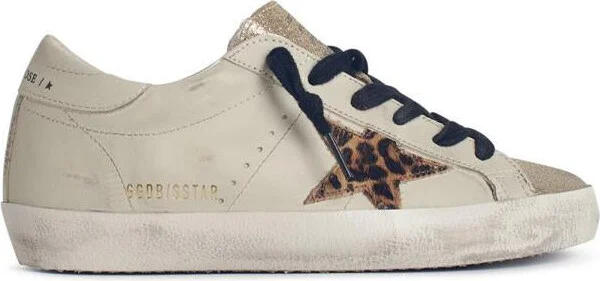 Golden Goose 'Super-Star' Light Beige Leather Blend Sneakers With Leopard Pony Hair Star