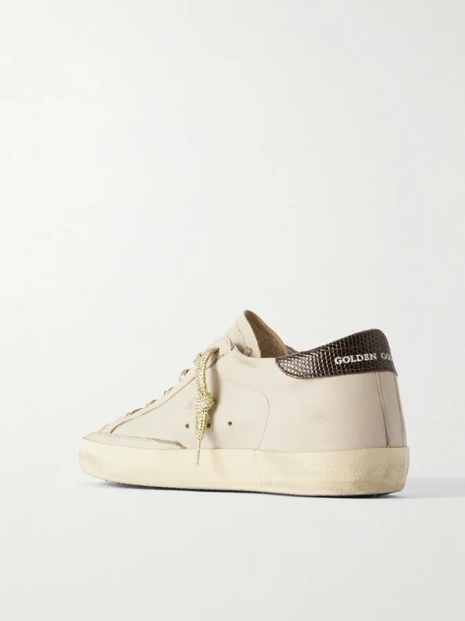 Golden Goose - Super-star Metallic Croc-effect Leather-trimmed Distressed Leather Sneakers - Off-white - Image 3