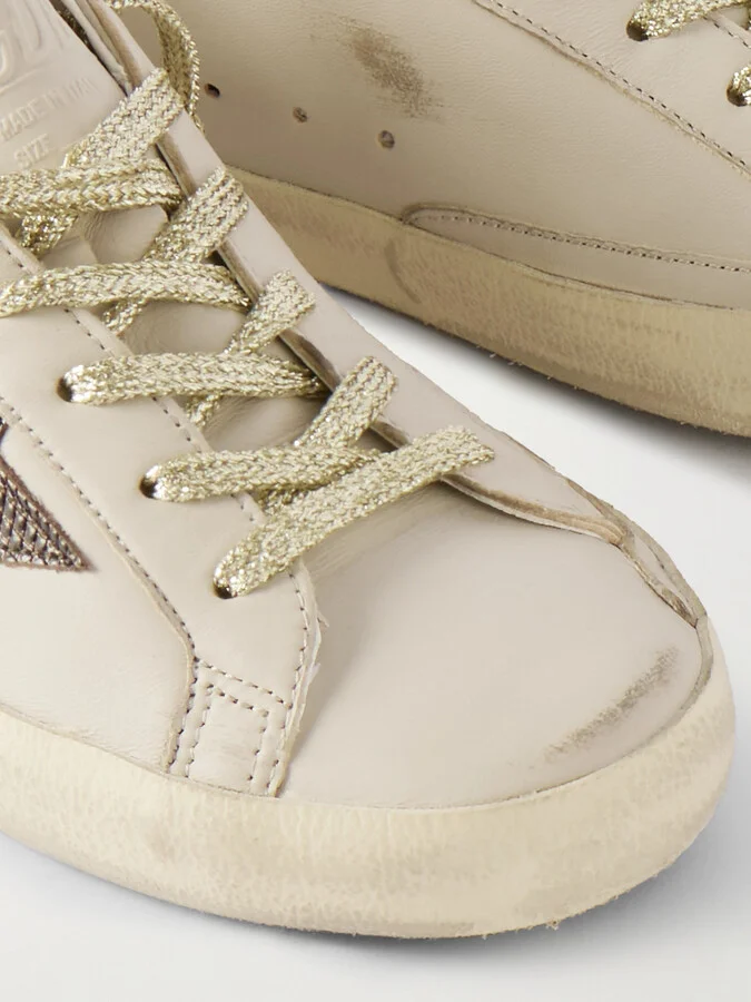 Golden Goose - Super-star Metallic Croc-effect Leather-trimmed Distressed Leather Sneakers - Off-white - Image 4