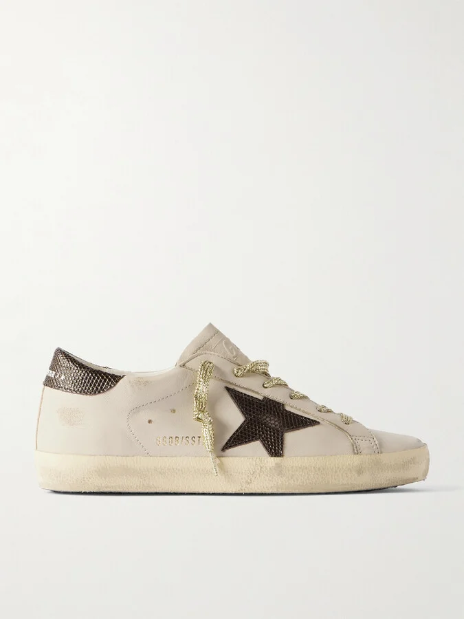 Golden Goose - Super-star Metallic Croc-effect Leather-trimmed Distressed Leather Sneakers - Off-white