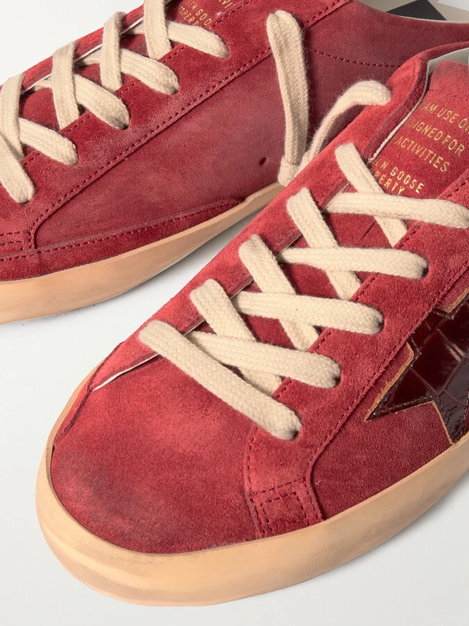 Golden Goose - Super-star Sabot Distressed Croc-effect Leather-trimmed Suede Slip-on Sneakers - Red - Image 4