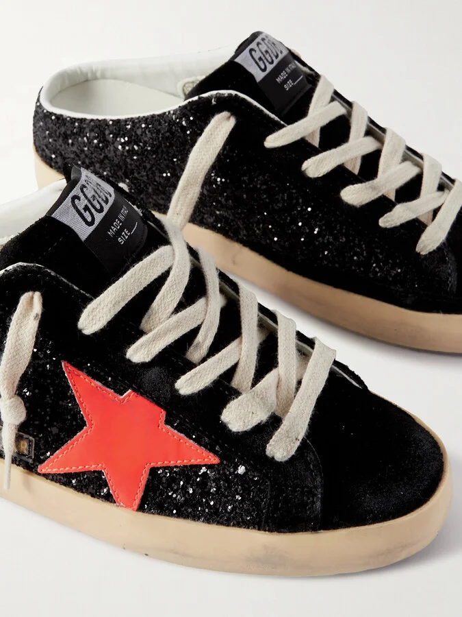 Golden Goose - Super-star Sabot Distressed Glittered Leather And Suede Slip-on Sneakers - Black - Image 4