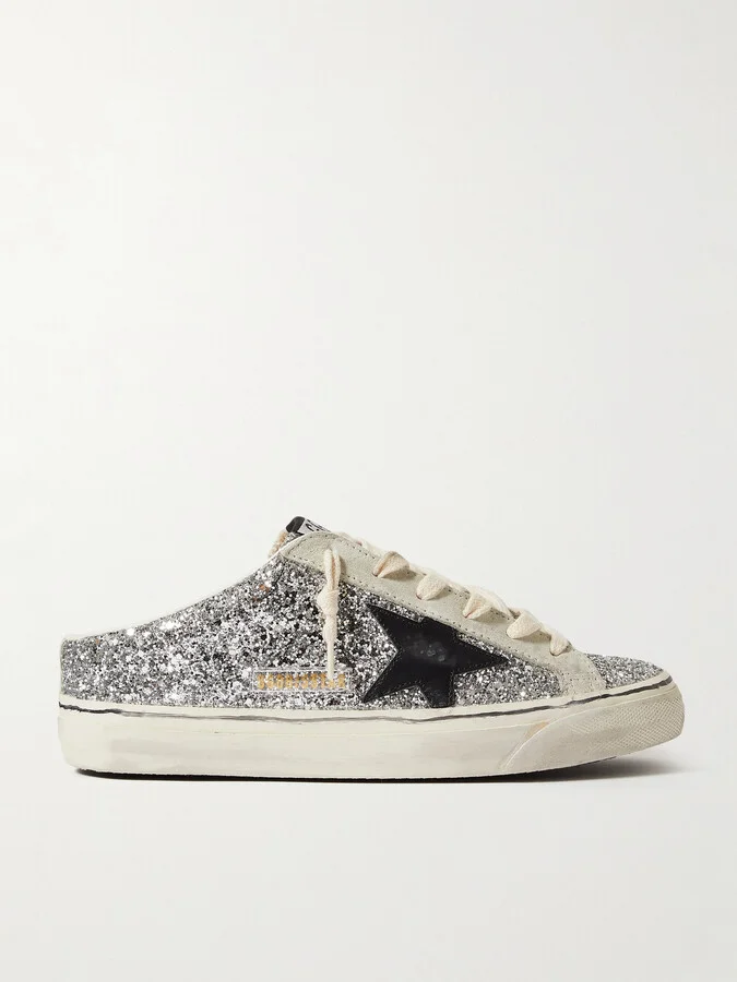 Golden Goose - Super-star Sabot Distressed Glittered Leather And Suede Slip-on Sneakers - Silver