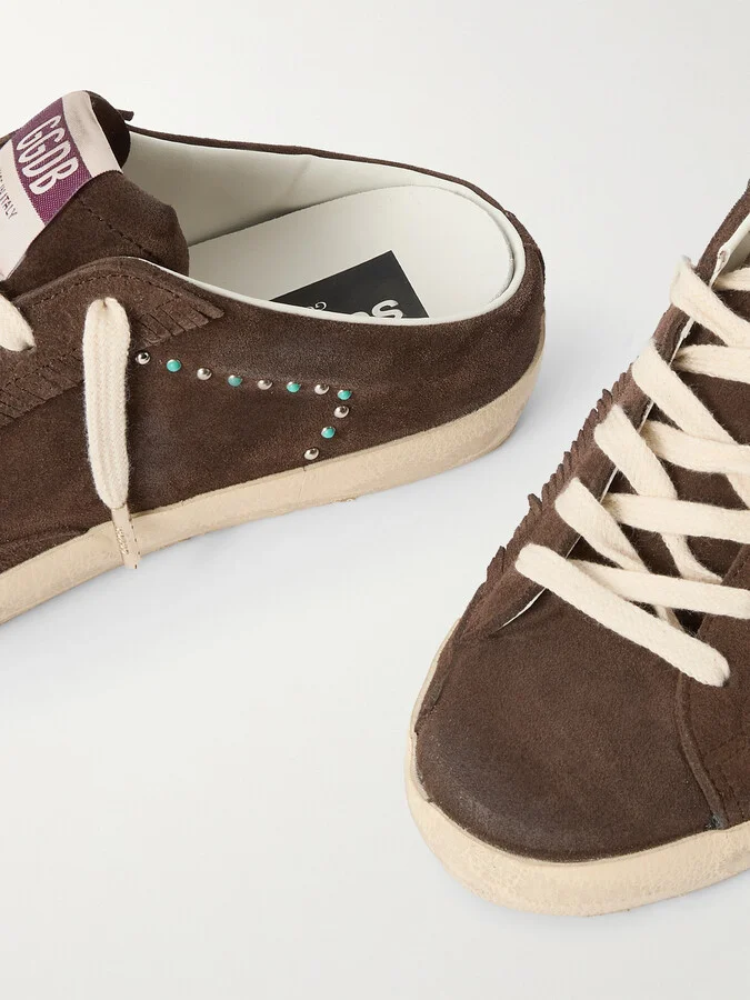 Golden Goose - Super-star Sabot Distressed Leather-trimmed Studded Suede Slip-on Sneakers - Brown - Image 4