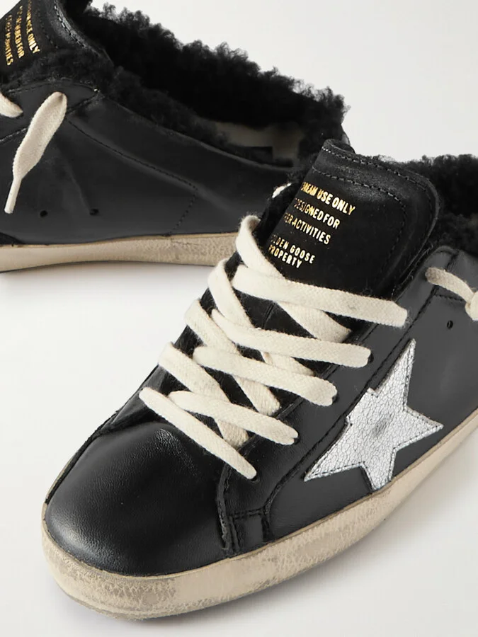 Golden Goose - Super-star Sabot Distressed Shearling-lined Leather Slip-on Sneakers - Black - Image 4