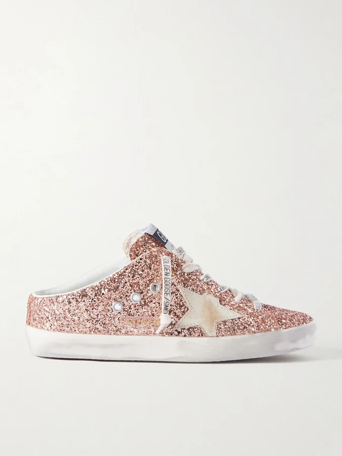 Golden Goose - Super-star Sabot Distressed Suede-trimmed Glittered Leather Slip-on Sneakers - Orange