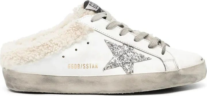 Golden Goose "Super Star" Sabot Leather Upper Glitter Star Shearling Lining Shoes