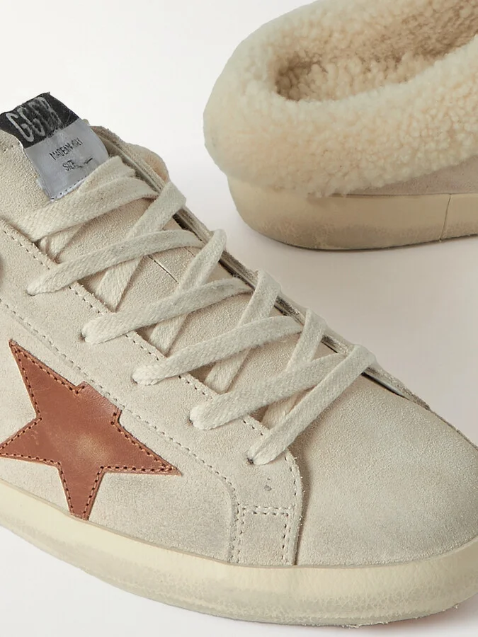 Golden Goose - Super-star Sabot Shearling-lined Distressed Leather-trimmed Suede Slip-on Sneakers - Neutrals - Image 4