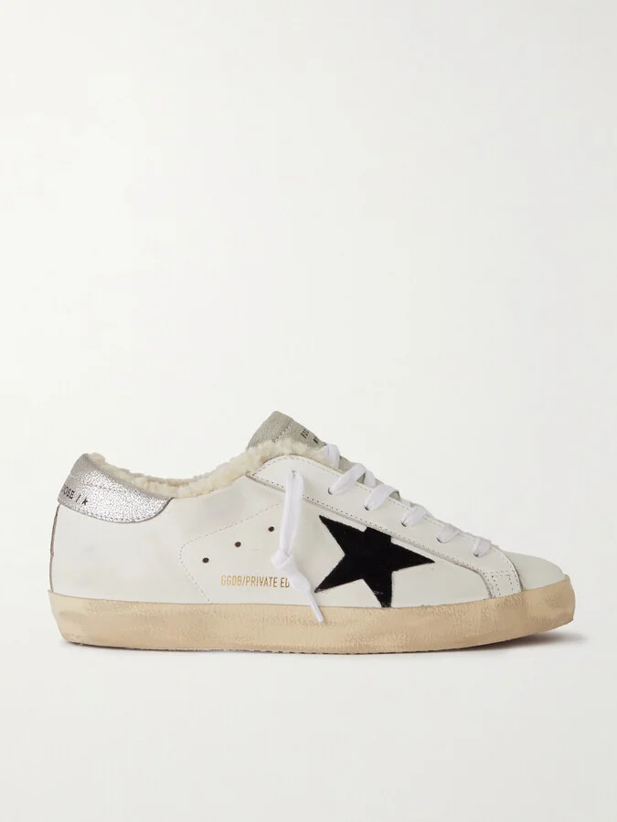 Golden Goose - Super-star Shearling-lined Distressed Suede And Leather Sneakers - White