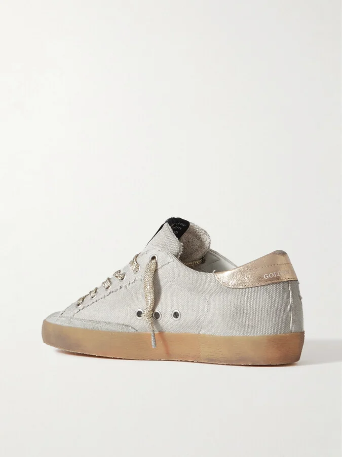 Golden Goose - Super-star Suede And Metallic Leather-trimmed Distressed Canvas Sneakers - Off-white - Image 3