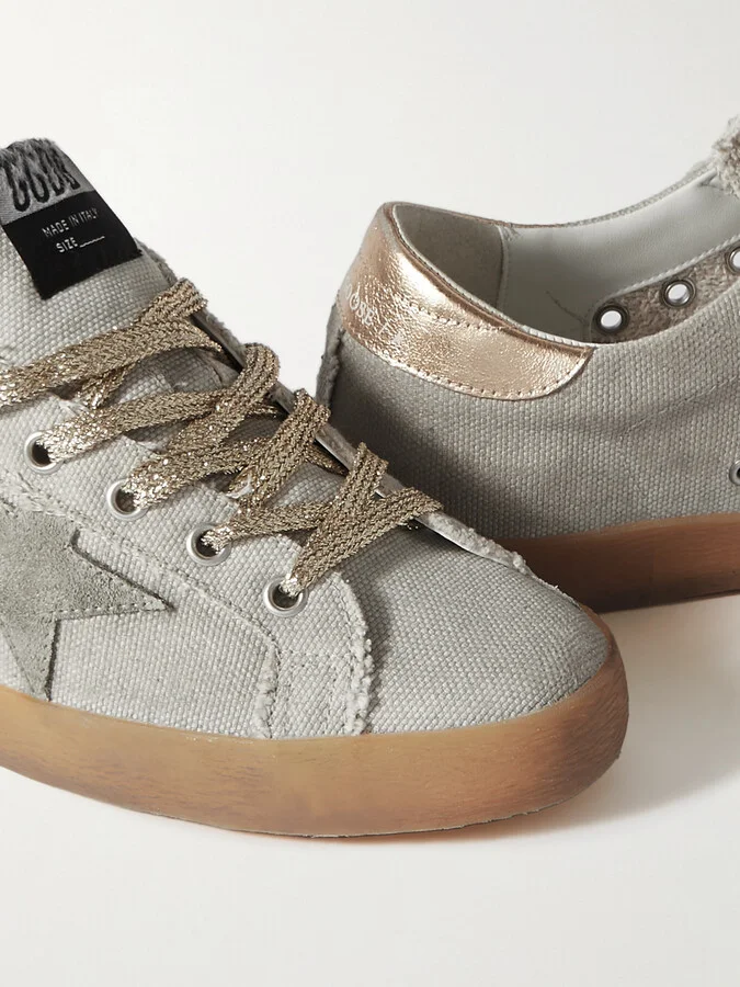 Golden Goose - Super-star Suede And Metallic Leather-trimmed Distressed Canvas Sneakers - Off-white - Image 4