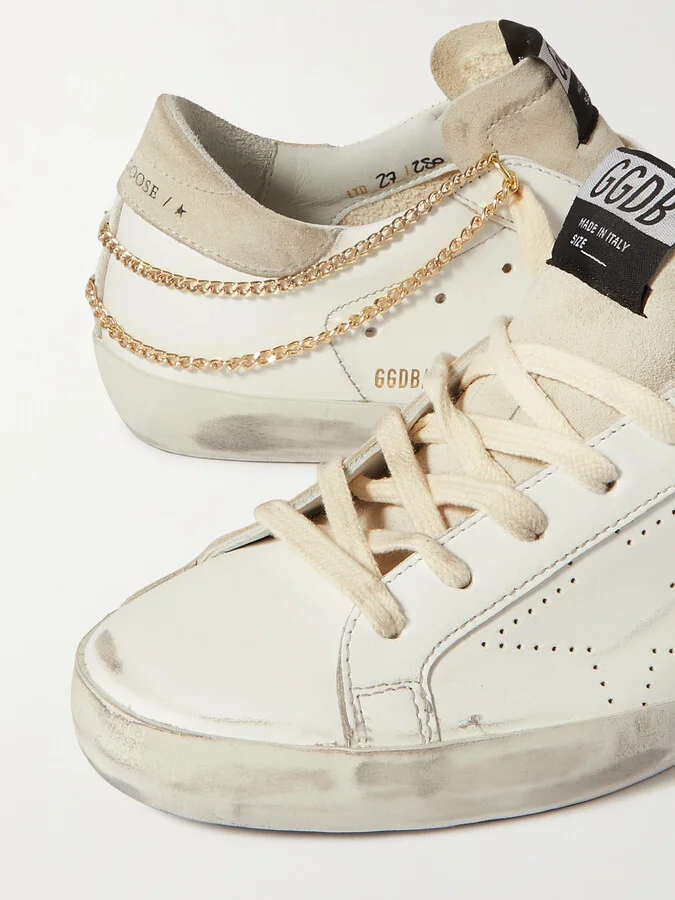 Golden Goose - Superstar Chain-embellished Distressed Leather And Suede Sneakers - White - Image 4