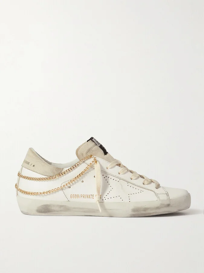Golden Goose - Superstar Chain-embellished Distressed Leather And Suede Sneakers - White