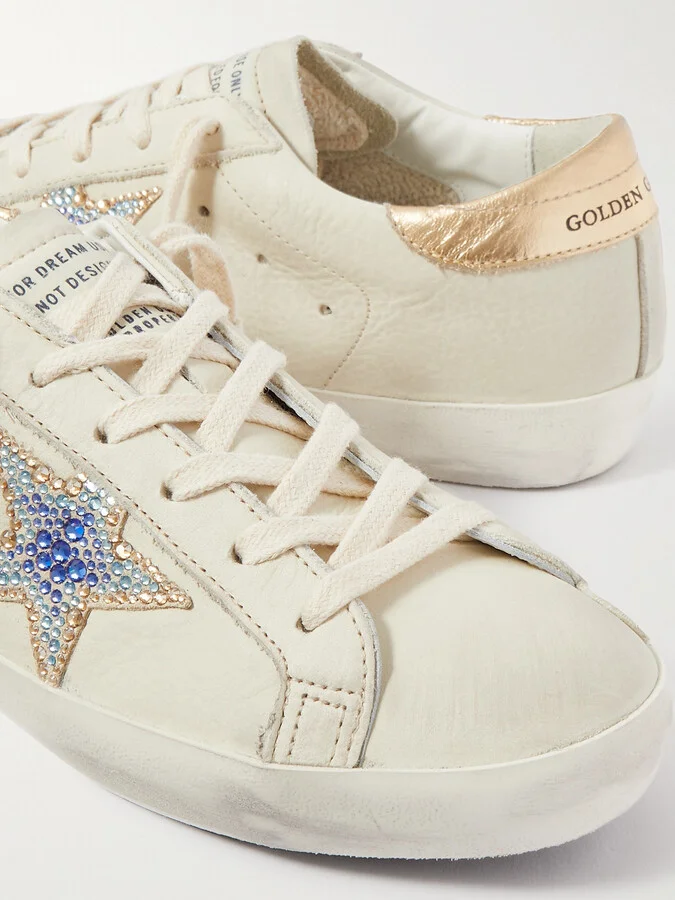 Golden Goose - Superstar Crystal-embellished Distressed Leather Sneakers - Off-white - Image 4