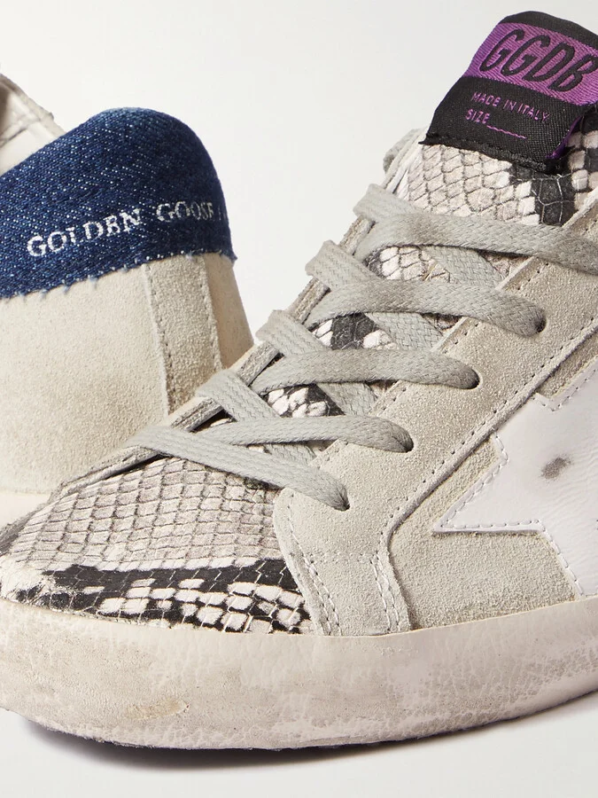 Golden Goose - Superstar Denim-trimmed Distressed Snake-effect Leather And Suede Sneakers - Gray - Image 4